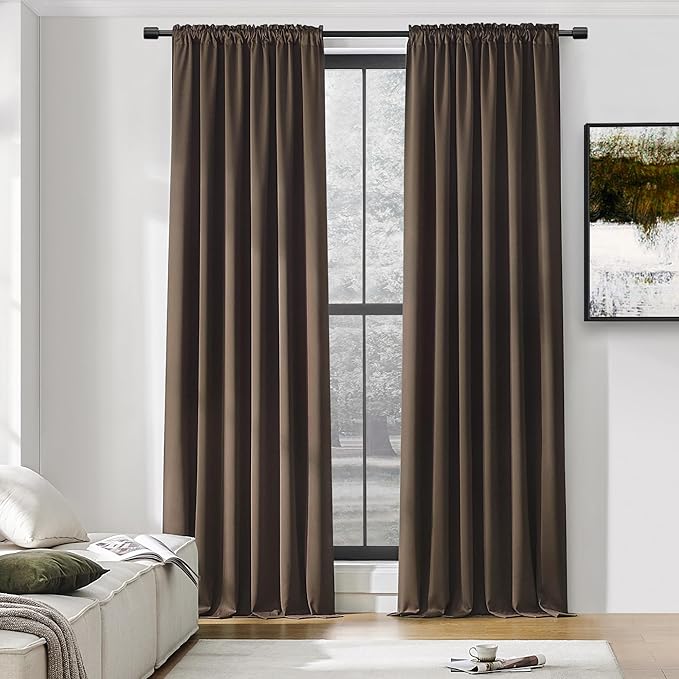 DONREN Extra Long 108 inch Length Blackout Curtains for Large Windows,Rod Pocket Soft and Touching Living Room Sweep to Floor for Villa(Brown,2 Pack,52 W by 108 inches Long)