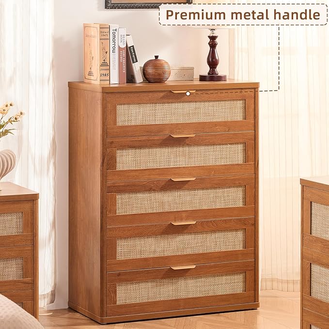 LEYAOYAO Rattan Dresser for Bedroom Set 2, 41" Tall Chest of Drawers, Modern 5 Drawers Boho Dressers with Storage, Light Oak Dresser Wooden Closet Organizer for Living Room, Hallway, Tea Brown