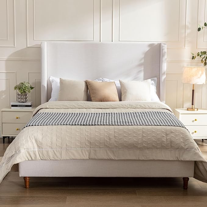 King Size Upholstered Platform Bed with 54" Tall Wingback Headboard/Elegant Upholstered Bed Frame Without Wooden Slats/Box Spring Required/Easy Assembly/Textured Ivory Canvas