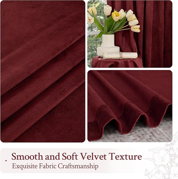 LAMIT Velvet Curtains 90 Inch for Theater, Burgundy Red Thermal Insulated Blackout Curtains for Living Room Darkening Back Tab and Rod Pocket Christmas Panels for Bedroom, 2 Panels, 52 x 90 Inch