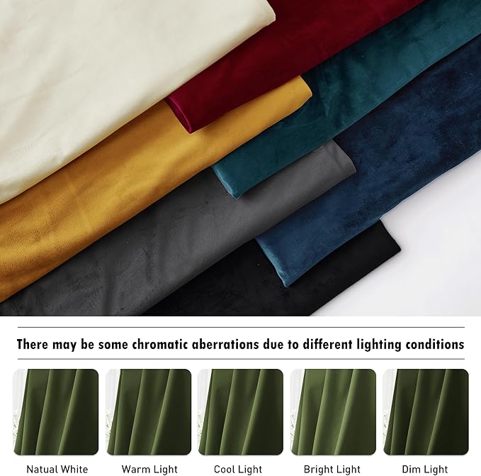RYB HOME Olive Green Velvet Curtains 90 inches Long - Room Darkening Luxury Window Treatment Privacy Thermal Insulated Backdrops for Living Room, 52 inch x 90 inches, 2 Panels Set