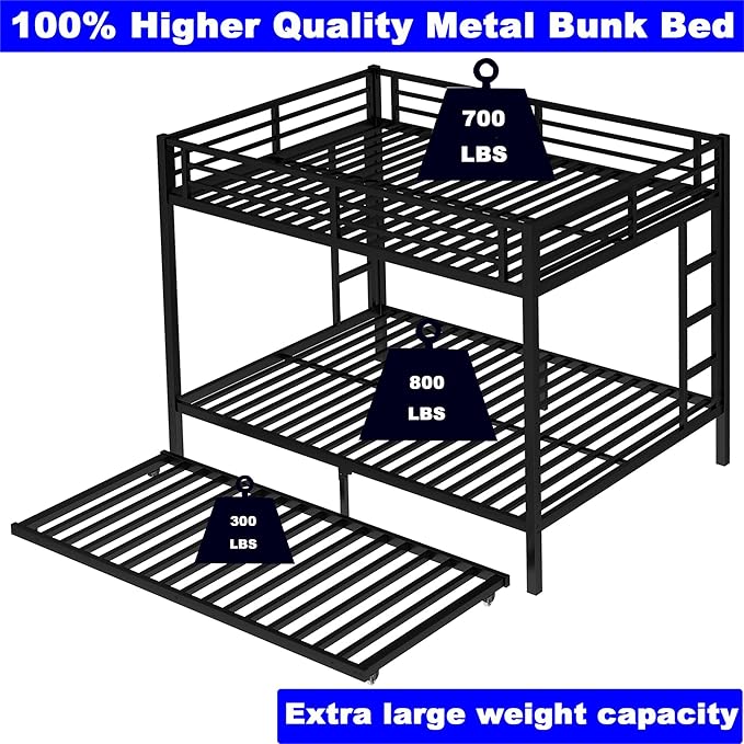 Upgraded Version Thicken Metal Heavy Duty Queen Over Queen Bunk Bed with Trundle, Best Modern Style Stronger BunkBed Frame Queen Size with Ladders for Adults, Easy Assembly (with Trundle)