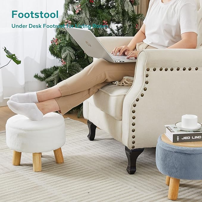 FIMIVIBI Small Foot Stool Ottoman with Storage, Soft Faux Fur Ottoman Foot Rest for Couch, Round Footstool with Storage, Small Ottomans and Footstools for Living Room and Entryway (White)