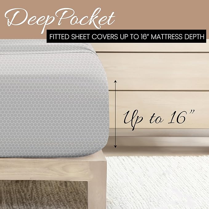 Linen Market Double-Brushed Patterned Microfiber Twin Sheet Set 3 Piece – Oeko-TEX Certified Ultra Soft & Wrinkle-Free - 16" Deep Pocket Sheets - Easy Care Twin Size - Honeycomb Light Gray
