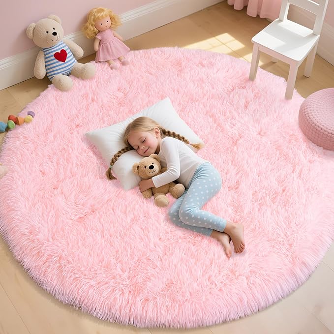 Round Pink Rug for Bedroom, 7ft Circle Area Rugs for Living Room, Soft Fluffy Shag Carpet for Girls Teen Nursery Room Dorm Home Decor Aesthetic