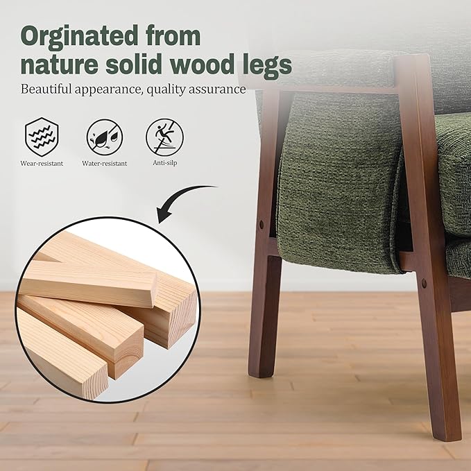 Green Accent Chair for Bedroom & Living Room, Mid Century Modern Accent Arm Chair, Upholstered Anthropologie Accent Chair with Solid Wood Frame, Fabric