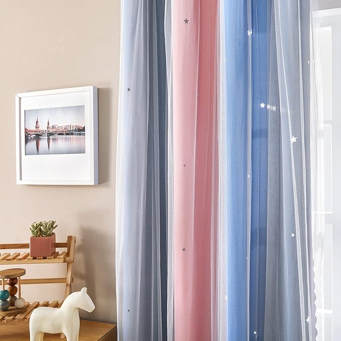 XiDi Curtains for Bedroom Decor, Rainbow PinkGreyBlue-34-96