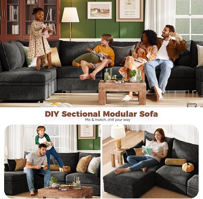 ABCASA 102.6" Luxury Modular Sleeper Sofa Bed 6 Seat Reversible Sectional Couch Deep Seat with Storage Chaises Removable Cover for Living Room, Apartment - Chenille Black