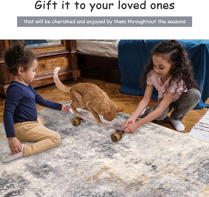 Lahome Washable 5x7 Area Rugs for Living Room, Grey Neutral Modern Abstract Rug for Bedroom Non Slip, Soft Contemporary Low Pile Indoor Carpet for Dorm Guest Dining Room Table Apartment