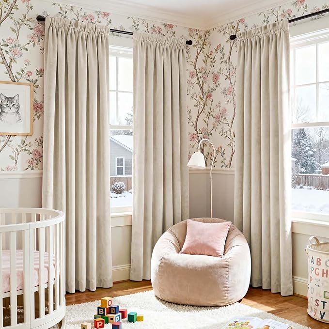 Lazzzy Velvet Blackout Curtains Thermal Insulated Room Window Drapes Super Soft Luxury Curtains for Living Room Bedroom Rod Pocket 2 Panels, Beige, 42" W x 84" L