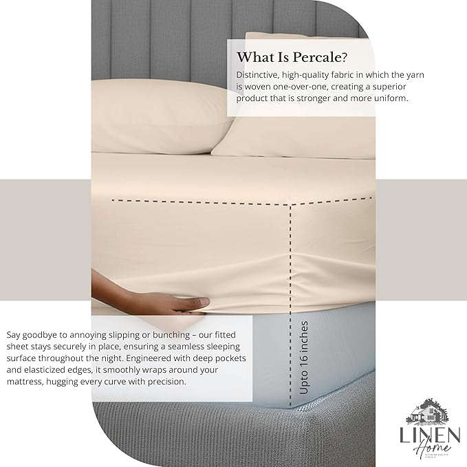 Linen Home 100% Cotton Percale Sheet Set, Queen Size, Ivory, Deep Pocket, 6 Pieces Set - 1 Flat, 1 Deep Pocket Fitted Sheet and 4 Pillowcases, Crisp Cool and Strong Bed Linen