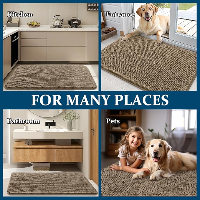 OLANLY Dog Door Mat for Muddy Paws 59x32, Absorbs Moisture and Dirt, Absorbent Non-Slip Washable Doormat, Quick Dry Chenille Mud Mat for Dogs, Entry Indoor Entryway Carpet for Inside Floor, Tan