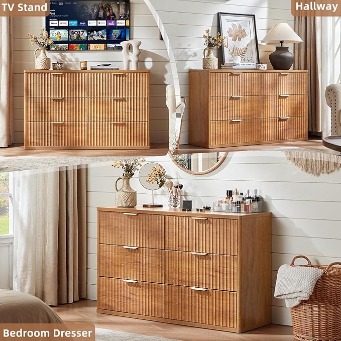 LEYAOYAO Fluted 5 Drawers Dresser Set of 2, 41" Tall Modern Chest of Drawers with Metal Handle, Curved Profile Dresser TV Stand, Wooden Drawer Organizer for Bedroom, Living Room, Hallway, Lightgrey