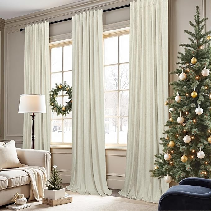 Pitalk Black Out 96 Inch Long Boho Curtains 2 Panel Set Farmhouse Curtain for Living Room Darkening Thermal Noise Reduction Textured Faux Linen Drape 8ft Back Tab Pocket Cream Beige 52x96 Floor Length