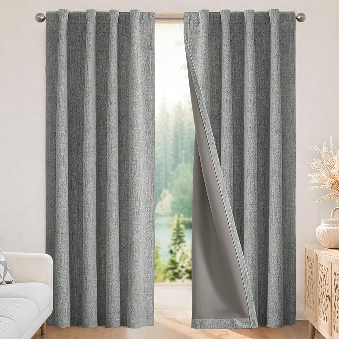 Joydeco Linen Blackout Curtains for Bedroom - 100% Light Blocking 1 Panels, Light Grey Drapes 100" W x 90" L, Thermal Insulated Room Darkening Curtains for Living Room, Rod Pocket & Back Tabs
