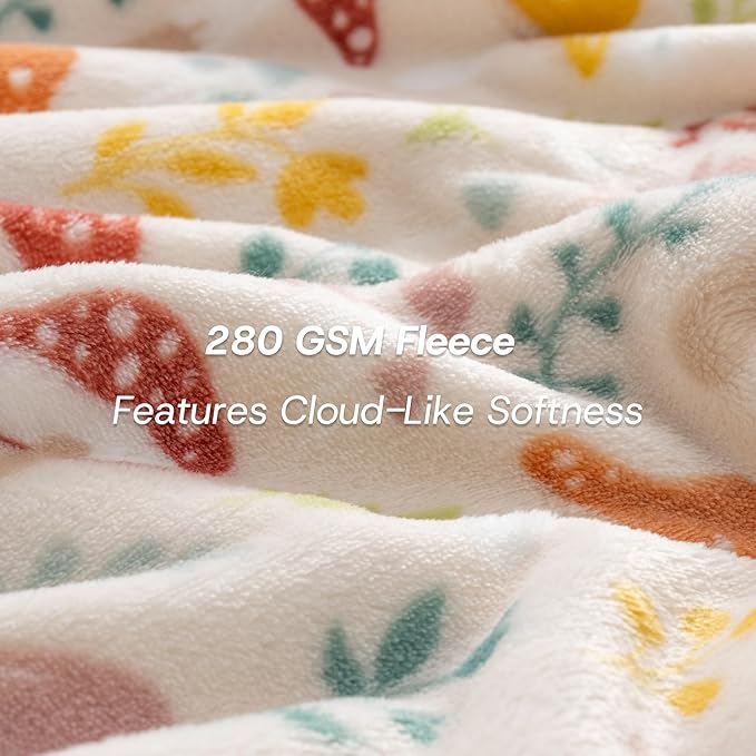 Luxury Printed Fleece Warm Blanket, Soft Lightweight Velvety Plush Throw for Couch and Bed, Cozy Comfy for All Seasons(Cream Various Mushrooms, 70×90 Inches)