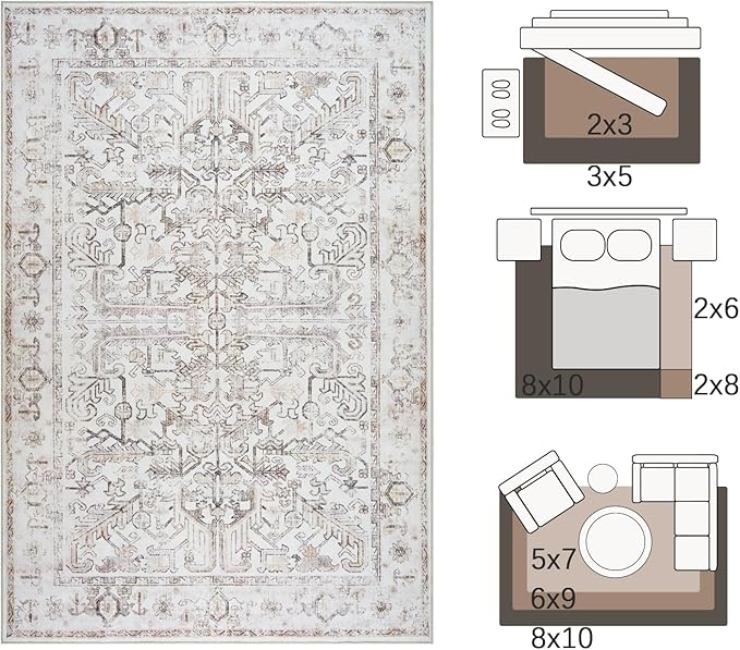 jinchan Lima Washable Area Rug 3x5 Entryway Rug - Distressed Vintage Floral Ultra-Thin Low-Pile Soft Non-Shedding Indoor Floor Carpet for Kitchen Bedroom Entrance Laundry Living Room (3x5ft, Taupe)