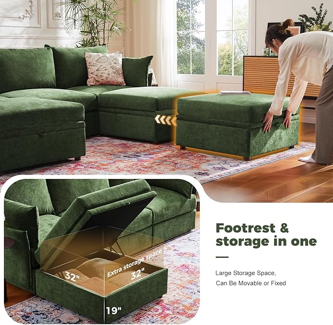 ABCASA 134.6" Luxury Modular Sectional Convertible Sofa with Storage Ottoman, L-Shape 5-Seat Oversized Comfy Couch Deep Seat with Reversible Chaise - Chenille Green