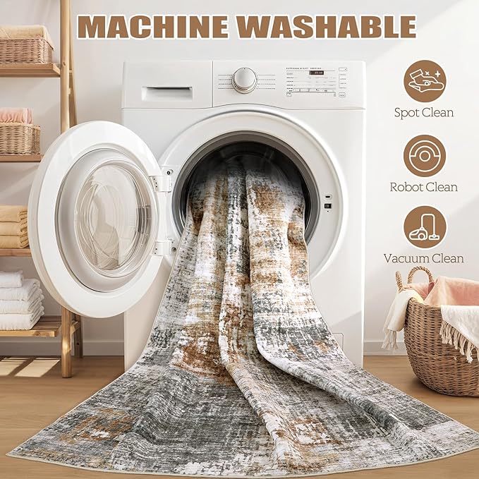 Area Rug Living Room Rugs - 6x9 Washable Large Soft Indoor Neutral Modern Abstract Low Pile Rug Carpet for Bedroom Dining Room Farmhouse Home Office - Grey Brown
