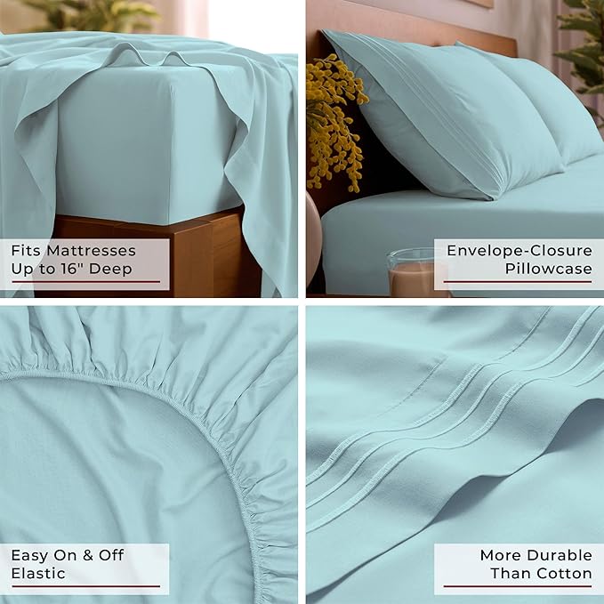 Mellanni Full Sheet Set - 6-Piece Iconic Collection Bedding, (Including 4 Pillowcases), 16-Inch Deep Pocket, Easy Care, Extra Soft, Cooling Sheets, Brushed Microfiber - Aqua