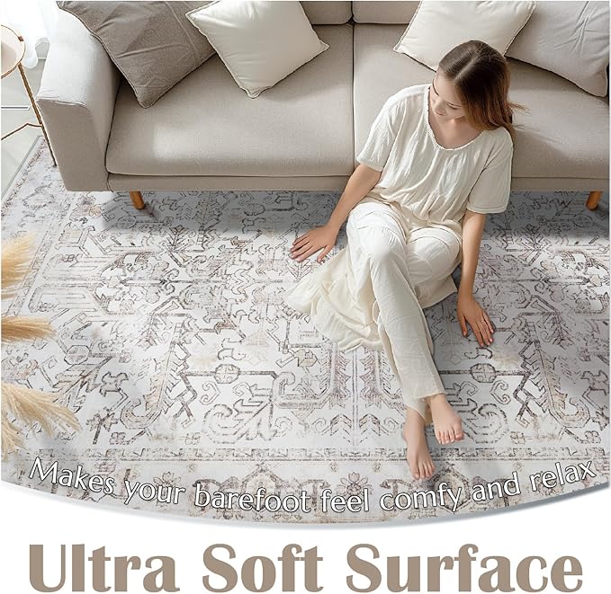 jinchan Lima Hallway Runner Rug 3x10 Washable - Vintage Floral Non Slip Low-Pile Soft Ultra-Thin Faux Wool Kitchen Rug Distressed Carpet Runner for Farmhouse Bedroom Laundry (3x10ft, Taupe)