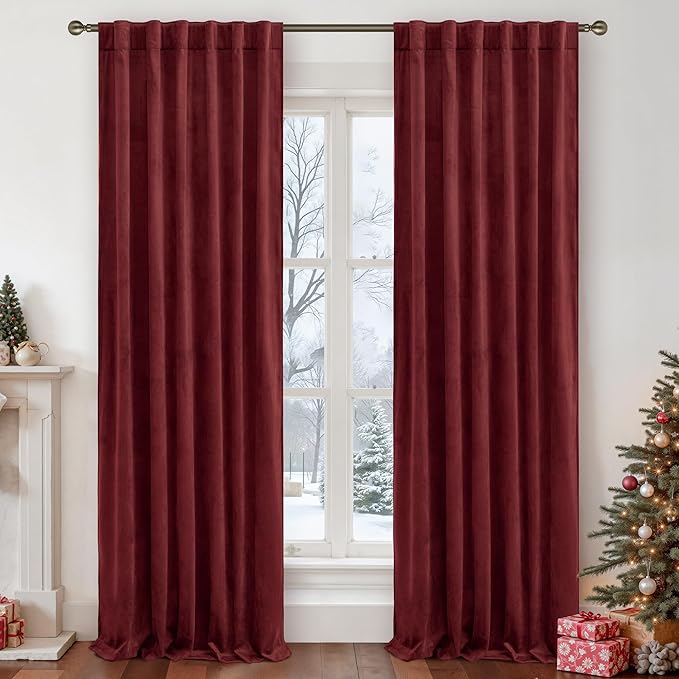 LAMIT Burgundy Red Velvet Curtains for Living Room Theater, 102 Inch Thermal Insulated Panels Vintage Room Darkening Back Tab and Rod Pocket Christmas Drapes for Bedroom, 2 Panels, 52 x 102 Inch