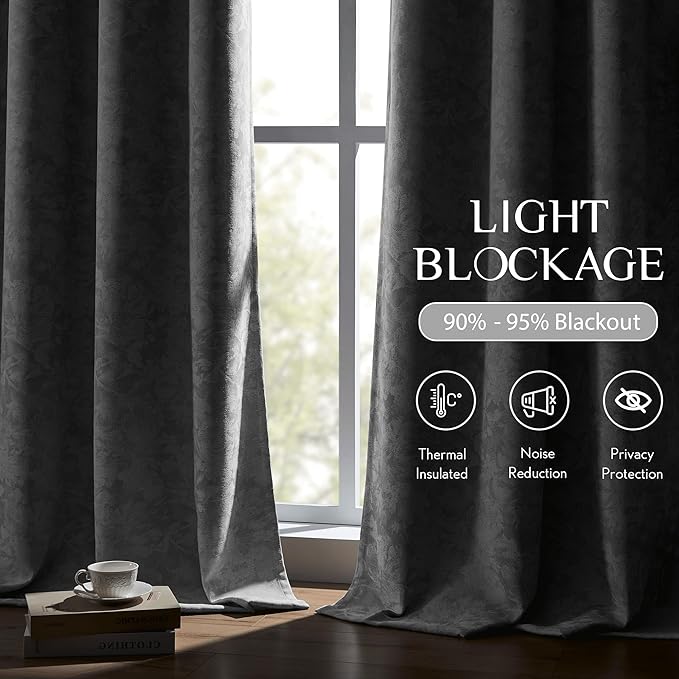 Beauoop Grey Floral Jacquard Blackout Curtains 90 Inches Long 2 Panels for Bedroom Living Room Gray Flower Chenille Room Darkening Thermal Insulated Soundproof Grommet Window Treatments Drapes, 52x90