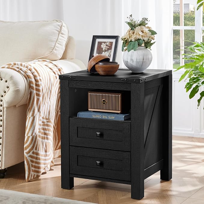 Joaxswe Night Stands with Charging Station Set of 2, Farmhouse Nightstand, Wooden Bedside End Tables with 2 Drawers and Open Shelf, Bed Side Table for Bedroom, Living Room, Closet, Office (Black)