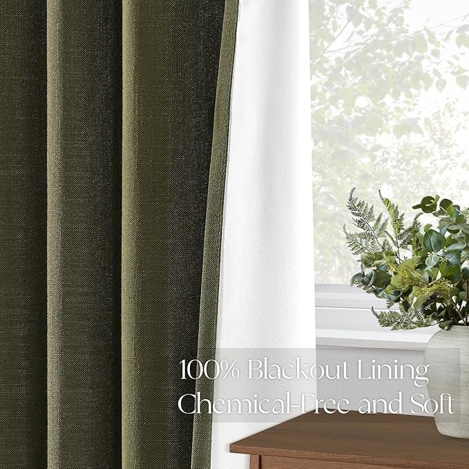 Topfinel Olive Green Linen Blackout Curtains 108 Inches Long for Living Room Large Window, Pinch Pleated Cold Blocking Boho Dark Green Track Curtains for Living Room 2 Panels,9 FT with Hooks Rings