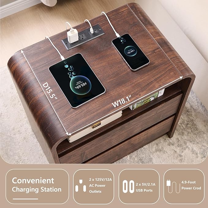 25" Tall Modern Nightstand Set of 2, 23.6'' Wide Wood Bedside Table w/2 Storage Drawers, Charging Station,Mid Century End Table for Bedroom, Living Room, Curved Profile Design, Brown