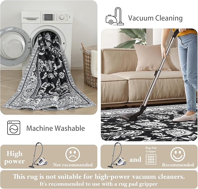 3x6 Washable Floral Runner Rug: Runners for Hallways Non Slip Indoor Rugs Low Pile Kitchen Runner Ultra Soft Vintage Rug Floor Carpet for Bedroom Living Room Dining Bathroom Black White