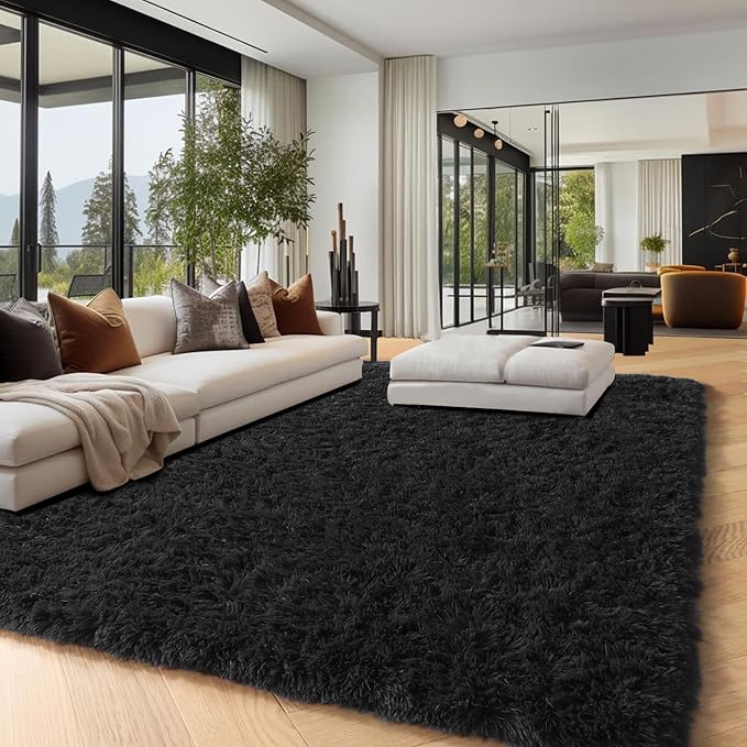 PAGISOFE Fluffy Shaggy Black Area Rug 8x10 Feet, Plush Rugs for Living Room Bedroom, Soft Rug for Nursery, Furry Rugs for Girls Boys Kids Room, Extra Large Fuzzy Rug, Shag Carpet, Black