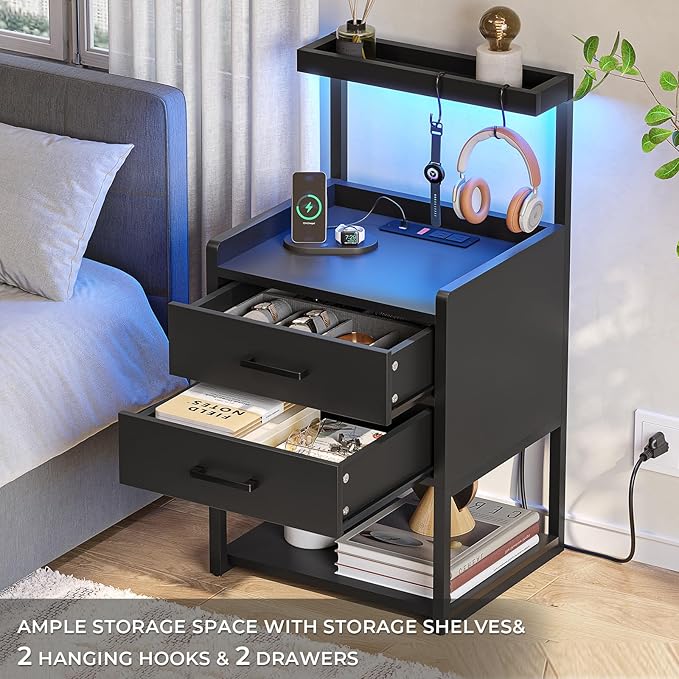 VIAGDO Nightstand with Charging Station and LED Lights, Black Bedside Night Stands with 2 Drawers and Open Storage Shelves, Modern End Side Tables for Bedroom,Office