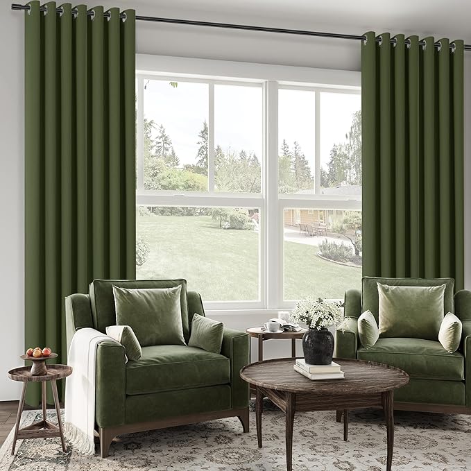 ChrisDowa 100% Blackout Olive Green Solid Curtains 96 Inches Long 2 Panels for Bedroom Living Room,Farmhouse Room Darkening Thermal Insulated Soundproof Grommet Top Window Treatment Drapes,52x96