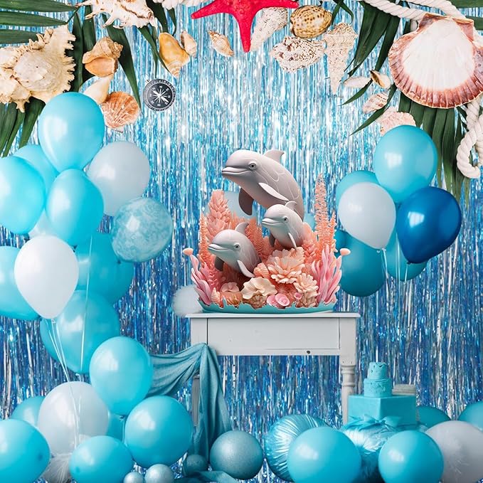 GOER 3.2 ft x 8.2 ft Metallic Tinsel Foil Fringe Curtains Party Photo Backdrop Party Streamers for Birthday,Graduation,New Year Eve Decorations Wedding Decor (Light Blue,5 pcs)