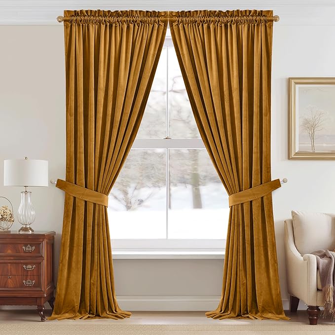 StangH Gold Velvet Curtains 84 inches Long Room Darkening Window Treatment Noise Reducing Privacy Room Divider Drapes for Bedroom/Office, Mustard Gold, W52 x L84, 2 Panels