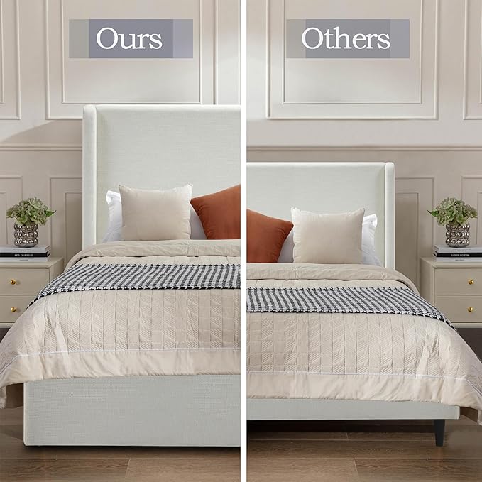 Upholstered Bed Frame King Size, 52.3" High Headboard Platform Beds Caron Tall Wingback Bed Frames, Box Spring Request/No Noise/Simplicity Minimalist, Textured Ivory Canvas Chenille