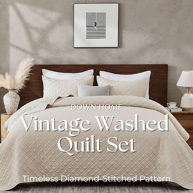 DOWN HOME Twin Quilt Set with Sham Lightweight Quilted Bedspread Coverlet Thin Comforter Bed Cover Vintage Washed Quilted Blanket for All Season, Brushed Microfiber Diamond Stitching, Beige, 66"x92"
