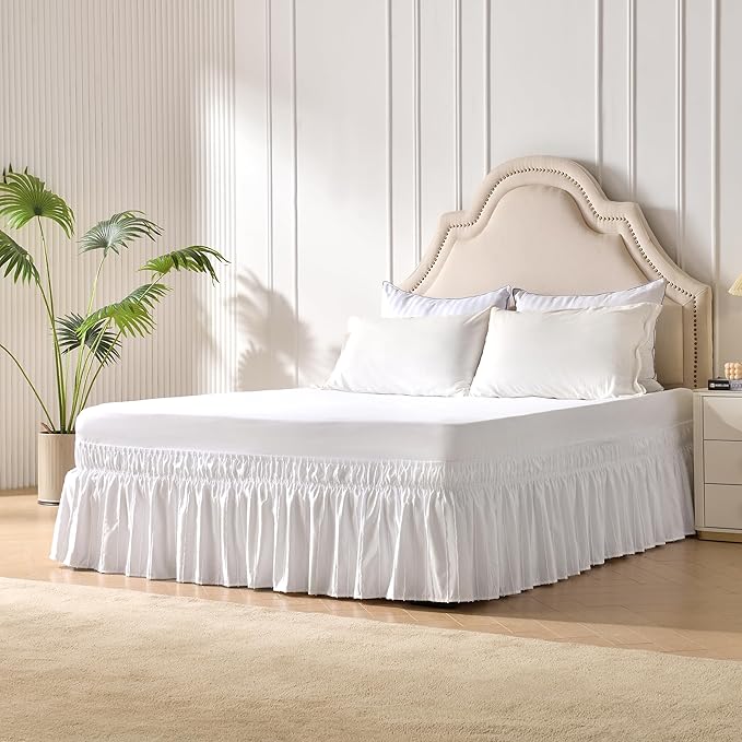 MIYE Striped Tufted Bed Skirt - Wrap Around Dust Ruffle with Elastic Belts - 12.5 Inch Drop Easy to Put On - Bedskirt Machine Washable ＆ Wrinkle Resistant(Striped/White, Full/Twin-12.5" Drop)