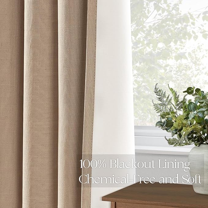 Topfinel 100 Inch Long Black Out Burlap Custom Curtains, Double Pinch Pleated Window Coverings, Nursery Summber Boho Farmhouse Heat Sound Block Back Tab Curtains for Sliding Door Sunroom Bay Window