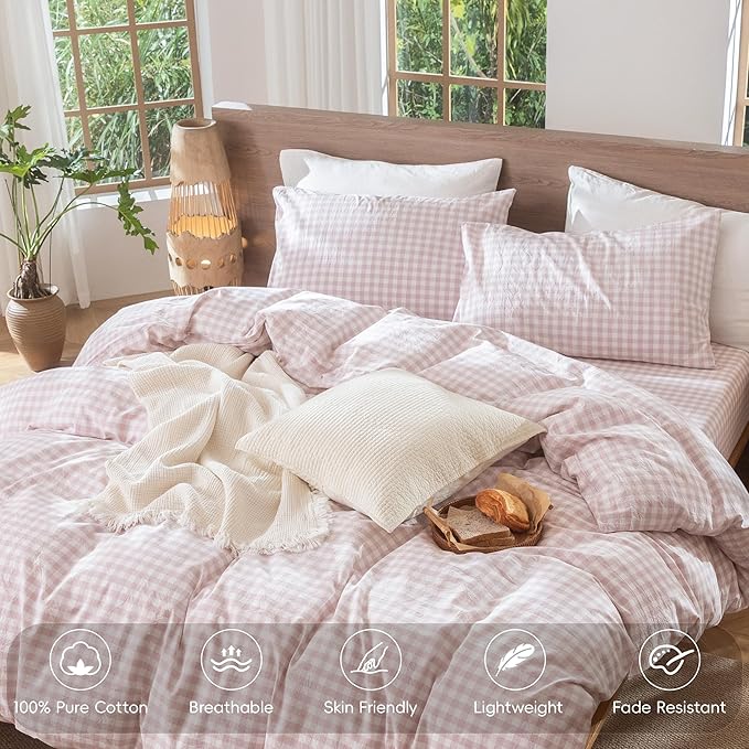 MooMee Gingham Duvet Cover Set 100% Washed Cotton Linen Like Textured Breathable Durable Soft Comfy Modern Checkered Design (Classic Gingham Greyish Pink, Cal King 104"x98")