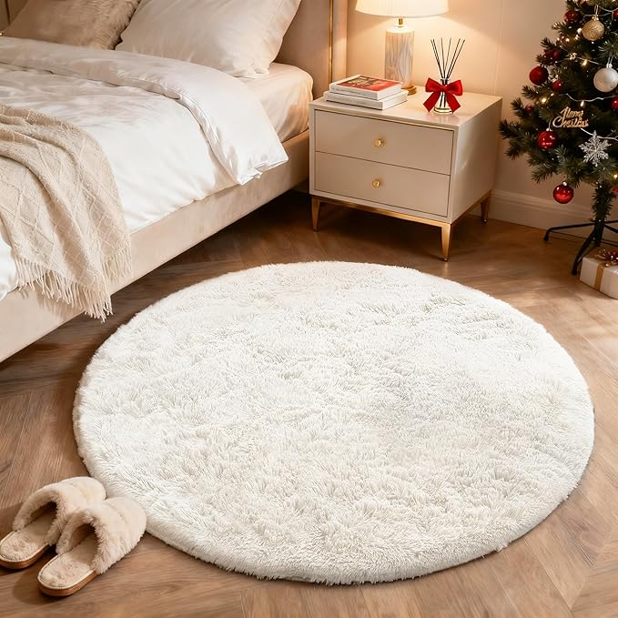 OLANLY Ivory Round Rugs for Bedroom - Machine Washable, 4 ft Circle Area Rugs for Living Room, Soft and Fluffy Shaggy Carpet for Teen Girls and Boys, Nursery Rooms, Dorms, Home Decor Aesthetic