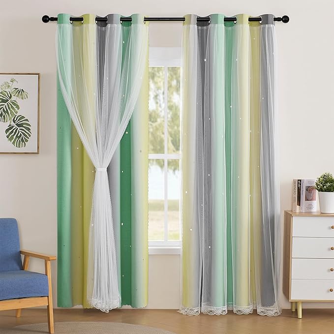XiDi Curtains for Bedroom Decor, Rainbow GreenYellowGrey52/90/1