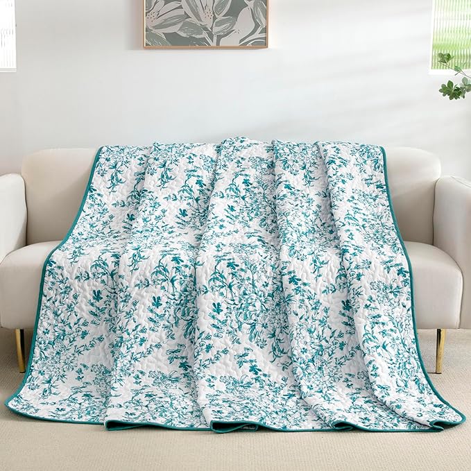 WONGS BEDDING Quilt King Size, Teal Quilt Bedding Set with 2 Pillowcases, Botanical Quilt for King Bed, Soft Microfiber Lightweight Coverlet Bedspread for All Season (110"×90", 3 Pieces)