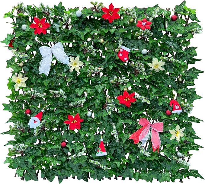 Sumery Expandable Fence Privacy Screen for Balcony Patio Outdoor,Decorative Faux Ivy Fencing Panel,Artificial Hedges (Single Sided Leaves) (1, Christmas-Ivy)