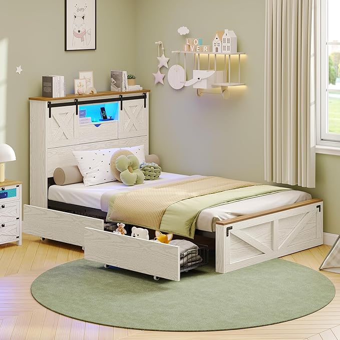 Hasuit Farmhouse Bed Frame Twin XL Size with 2 Storage Drawers, Wooden Platform Twin XL Bed with LED Lights and Charging Station, Rustic Headboard with Sliding Barn Door Storage Cabinets (White)