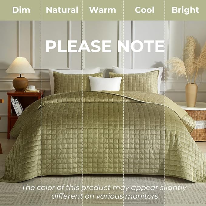 Powdion Velvet Quilt Queen,Luxury Olive Green Quilt Comforter Queen Size 3 Pieces Soft Cozy Oversized Bedspreads Coverlet for All Seasons with 2 Pillow Shams,90x90 Shabby Chic Green Quilt Set