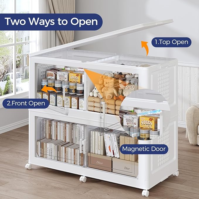 250GAL Storage Bins with Lid and Wheels, Stackable Closet Organizers and Storage Drawer, Collapsible Storage Box with Dividers, Foldable Plastic Cabinets for Room, Kitchen, 5 Pack White