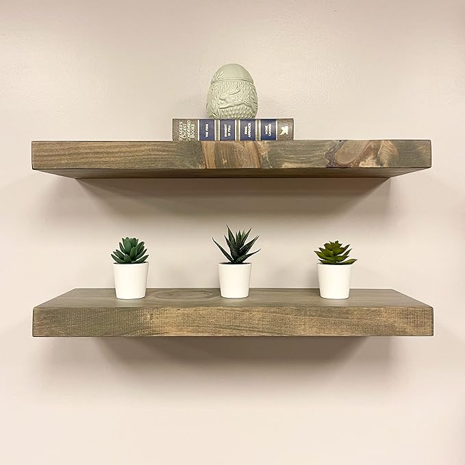 URBANDI, Rustic Floating Shelves, Set of 2, Hidden Bracket, Solid Wood, Heavy Duty, Wall Mounted Shelves, (Grey, 48Wx8D)