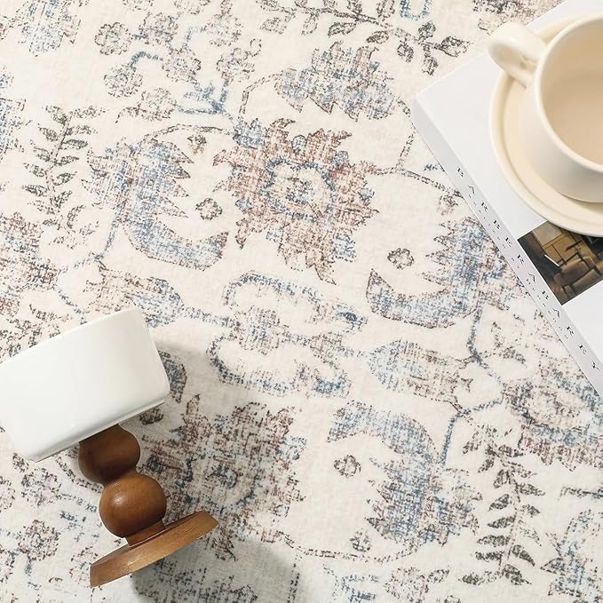 Taupe Area Rug 5x8 Machine Washable Vintage Living Room Distressed Non Slip Carpet Traditional Indoor Bedroom Retro Floral Accent Throw Large Rug for Office Kitchen Bathroom Dining Room